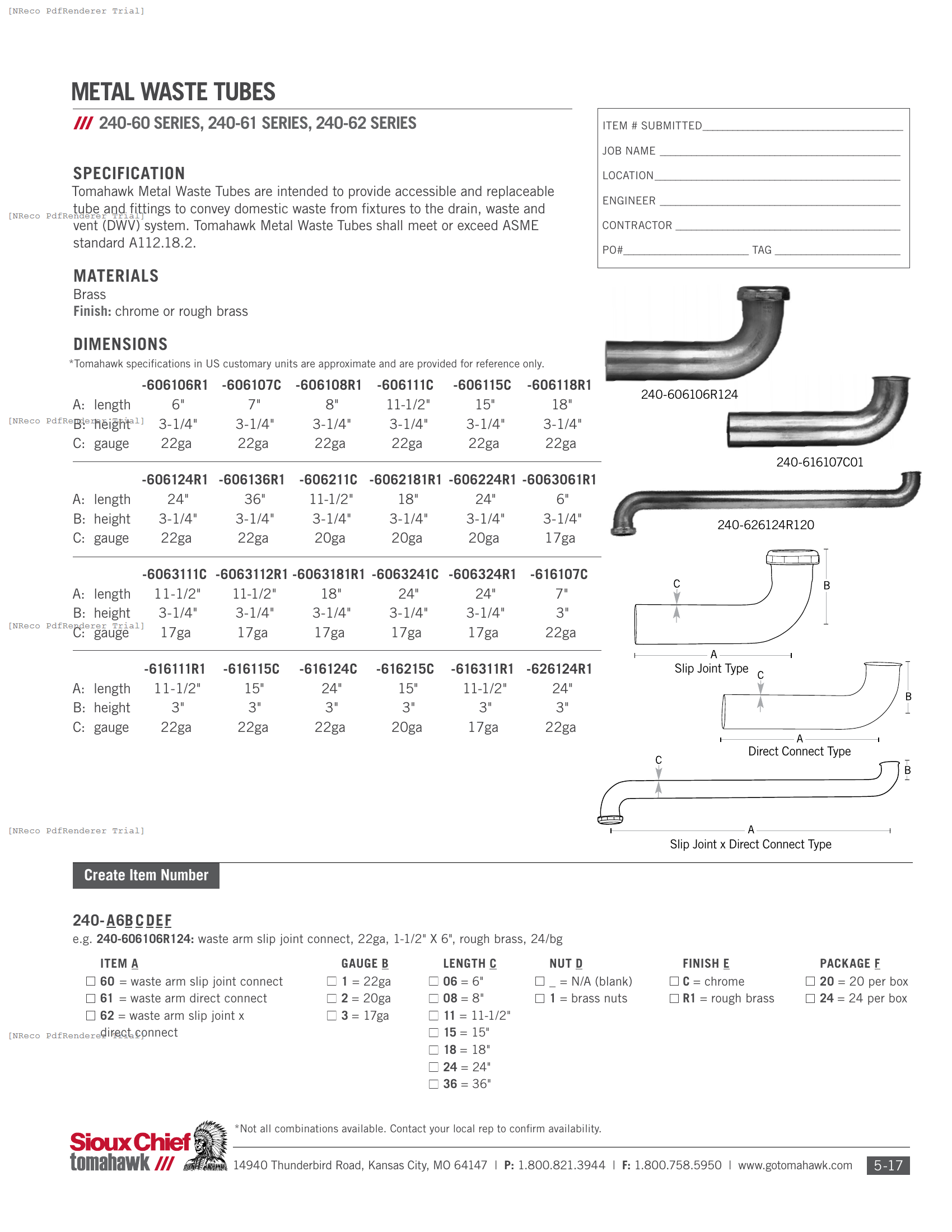 240 SERIES - METAL WASTE TUBE - SPEC SHEET.PDF Specification Document